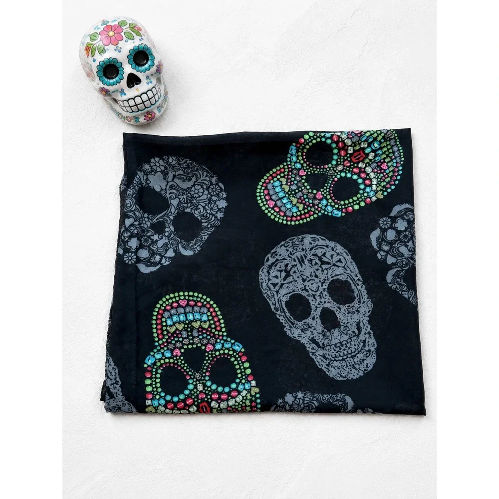 Ganz Day of the Dead Sugar Skull Scarf Black Sheer 46